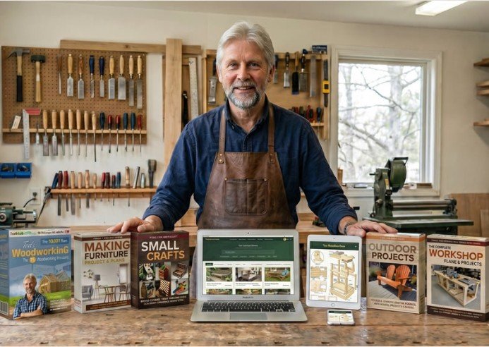 Ted McGrath in a woodworking workshop with Ted’s Woodworking books, digital plans library, laptop dashboard, and project guides on display